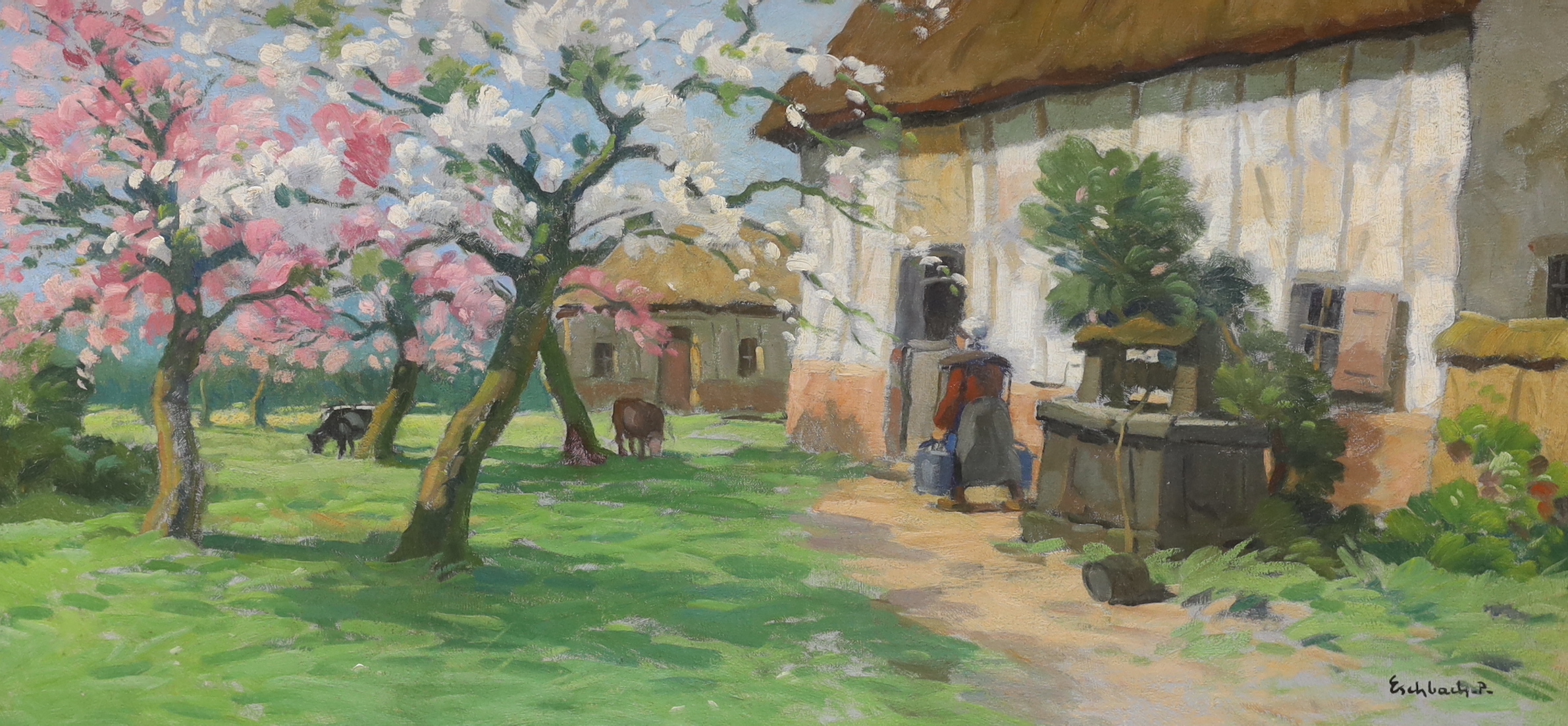 Paul André Jean Eschbach (French, 1881-1961), oil on canvas, 'La chaumière au printemps', signed, 39 x 79cm